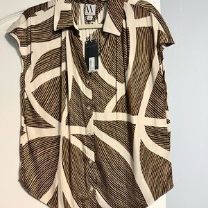 Worthington Brown and White Cap Sleeve Button Down Shirt